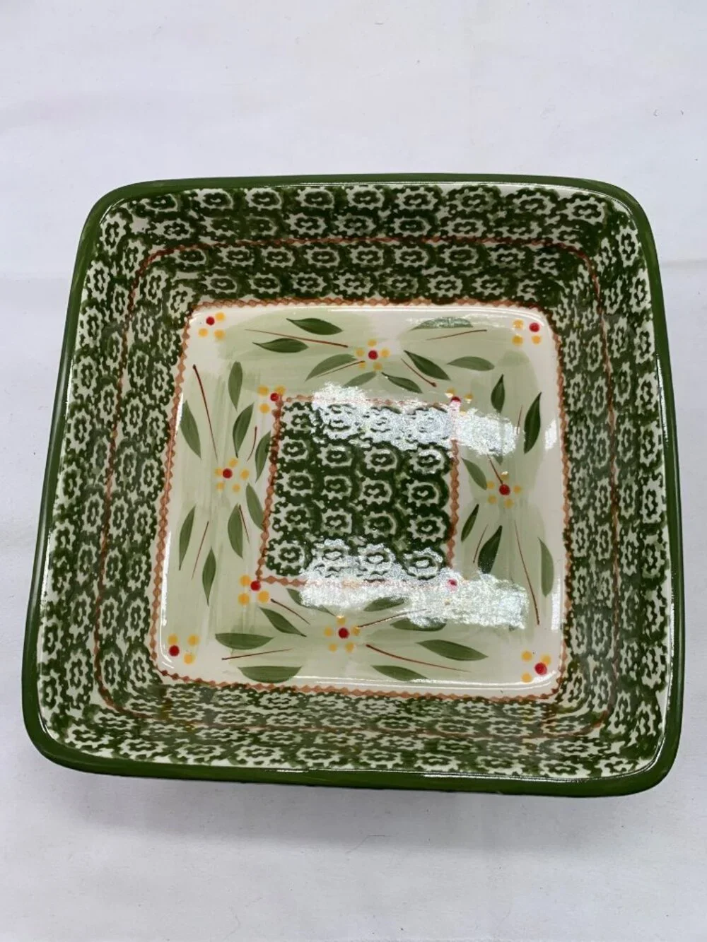 Temptations 2 Piece Old World Green 8 inch Baker and Trivet Floral Pattern